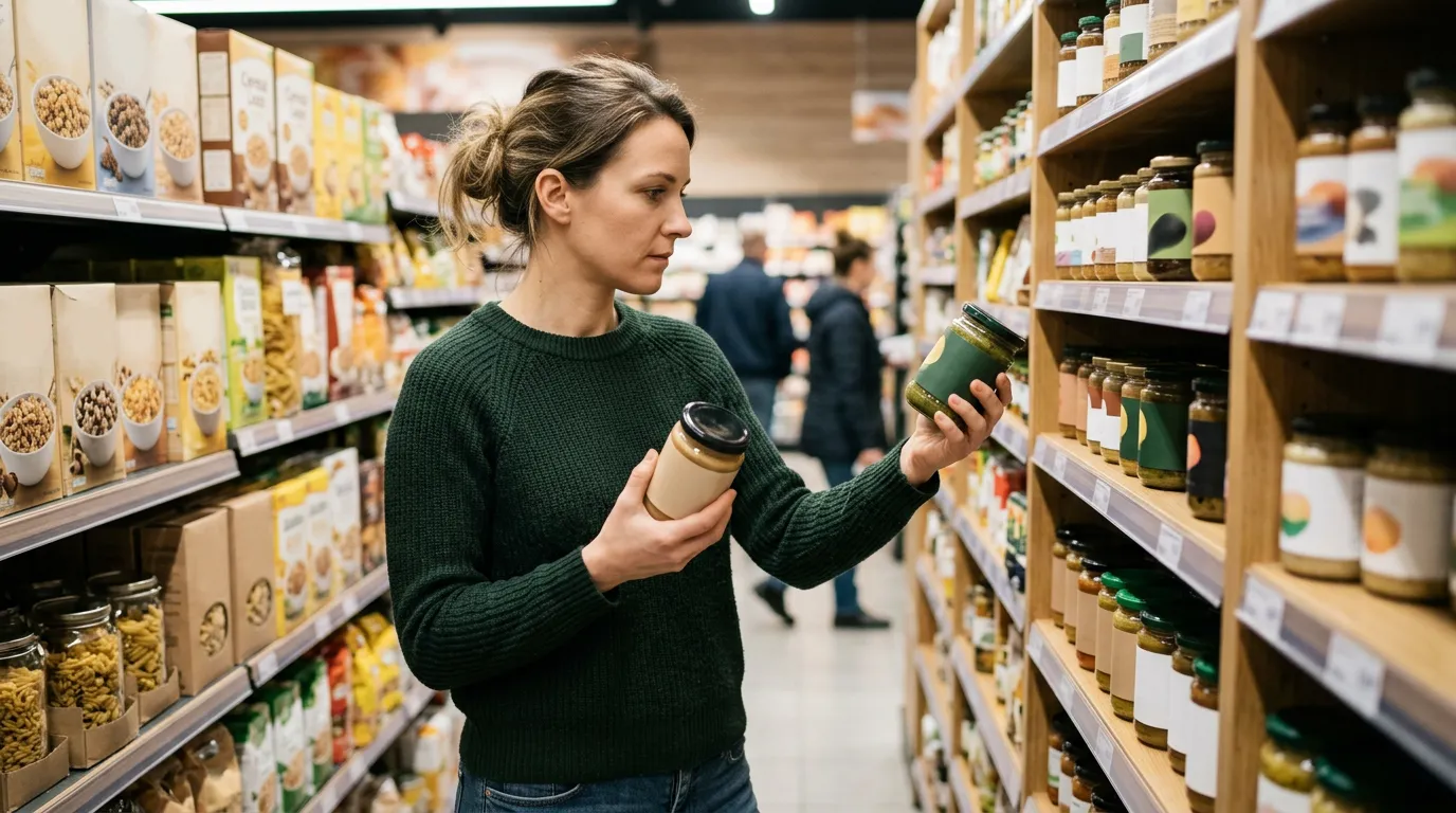 Person in a store comparing two products thoughtfully in evaluative posture