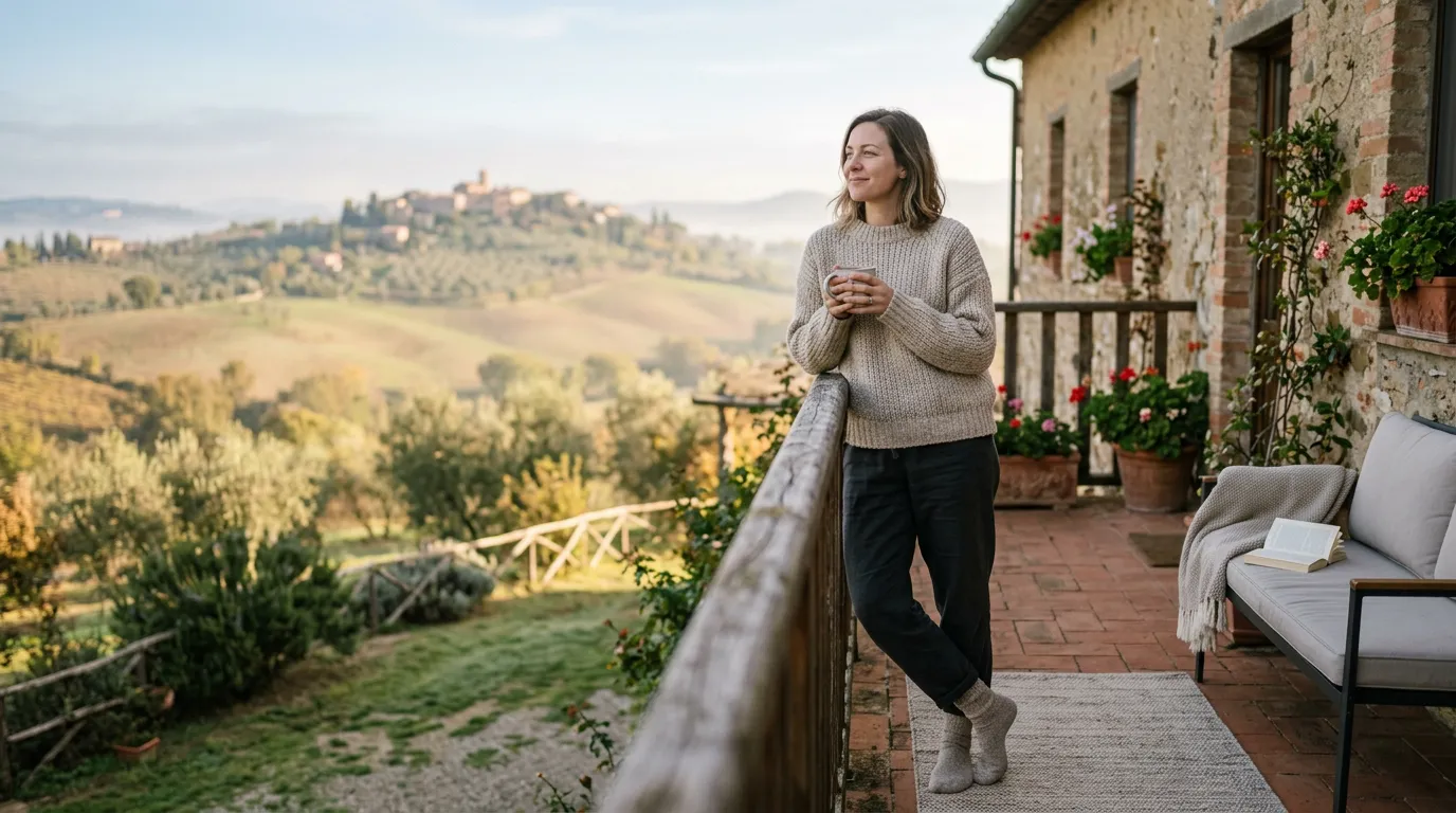 Traveler in a comfortable morning scene outside a rental with coffee in hand