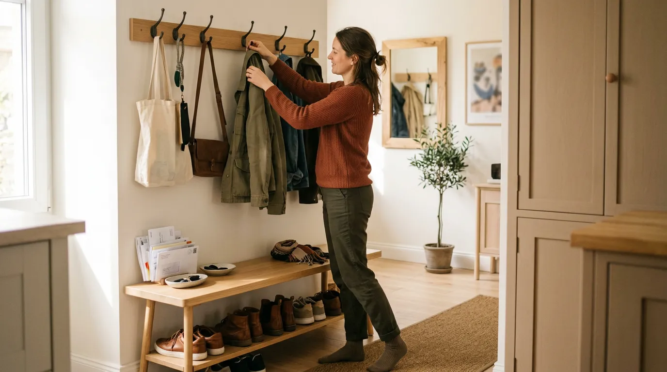 Person in a well-organized entryway hanging a coat on a hook