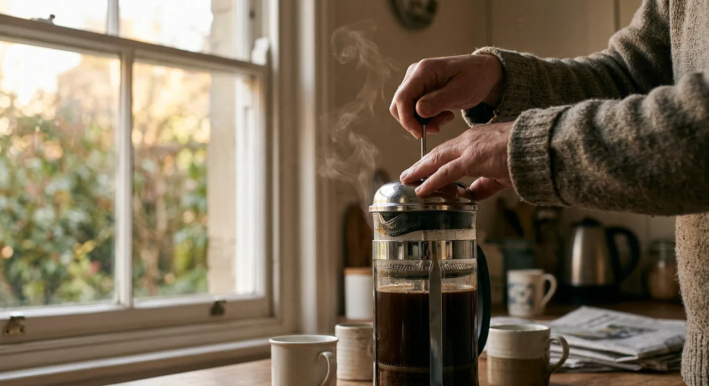 Person in a morning kitchen ritual with slow coffee, unhurried, light through a window