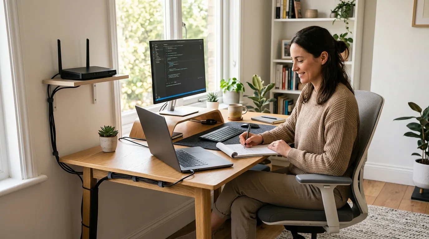 Home workspace with tidy cables, reliable router on a shelf, person working calmly