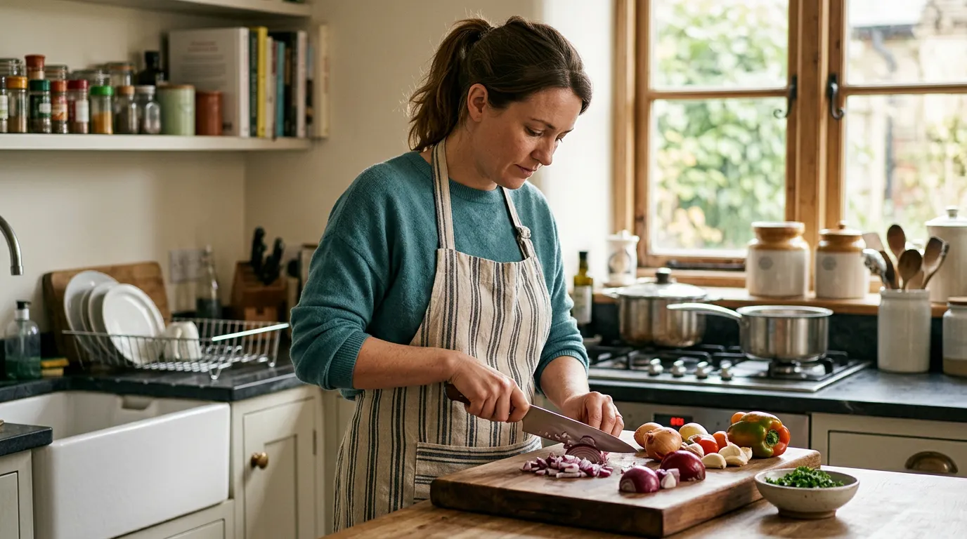 Person using a chef's knife at a kitchen cutting board in natural light