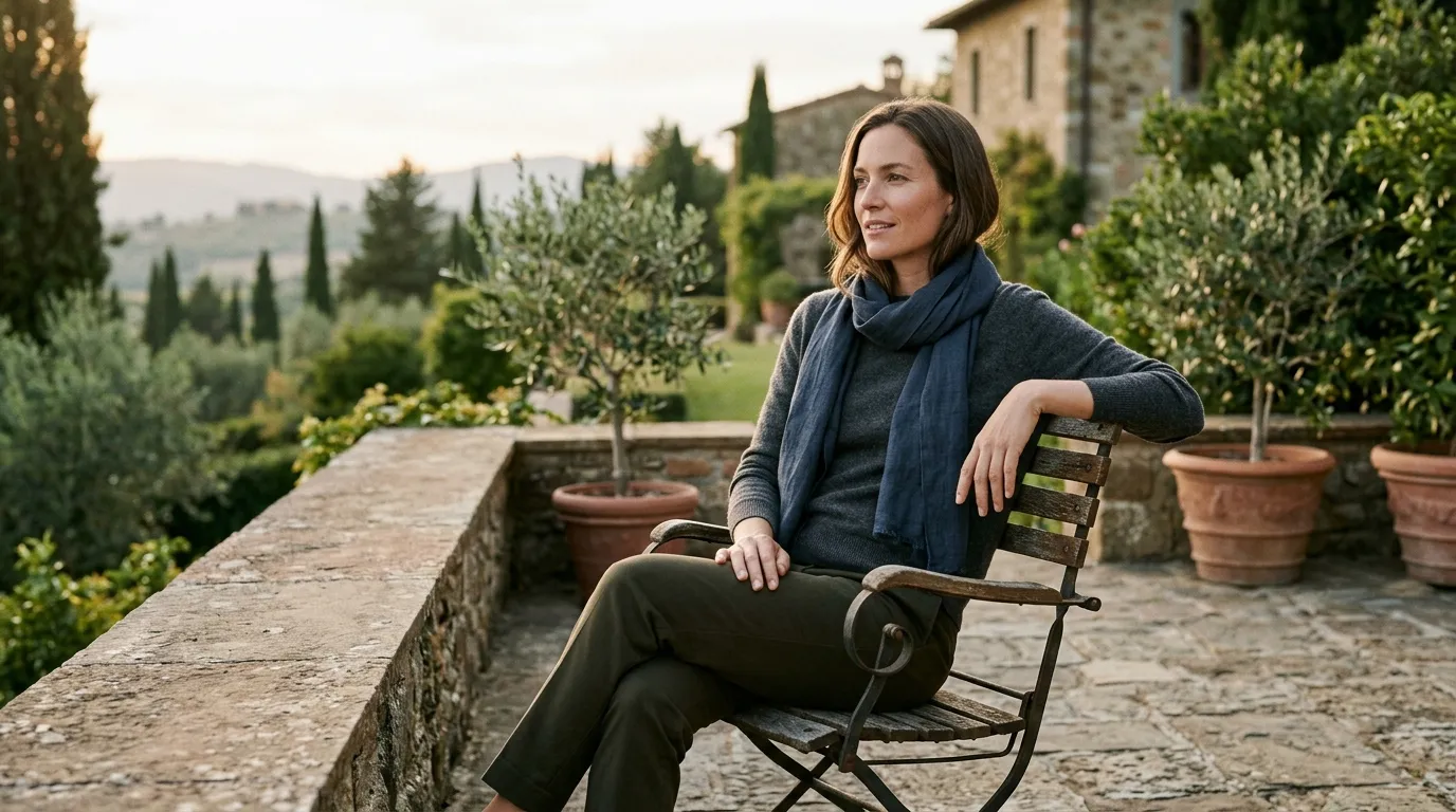 Person in understated quality clothing in a quietly refined setting