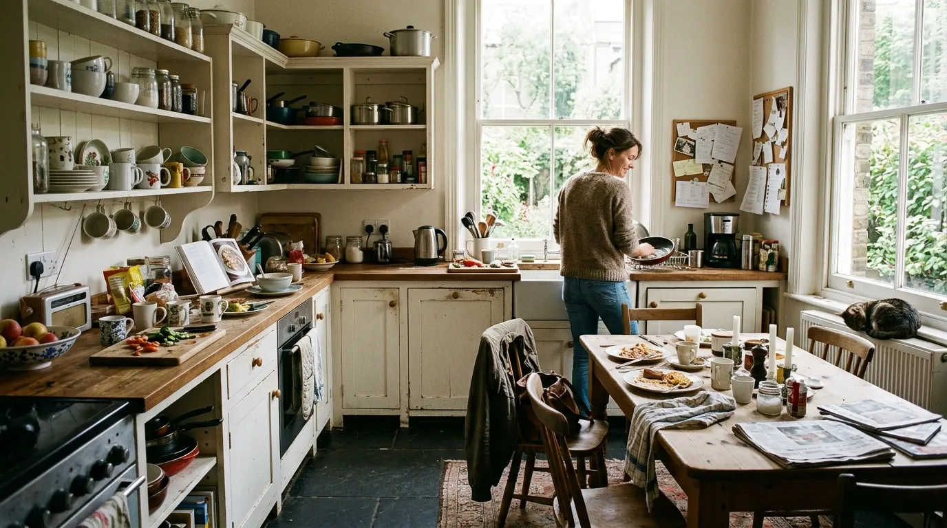 Kitchen or living space that shows the gap between photographed ideal and daily use