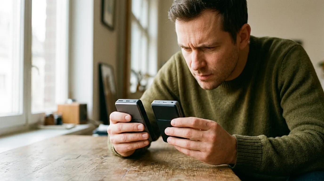 Person at a table comparing two small electronic devices side by side
