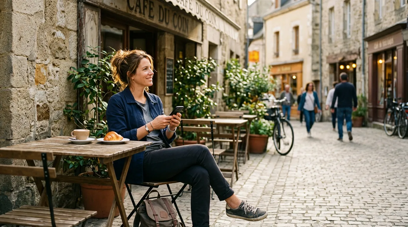 Traveler sitting outside a small cafe on a quiet street with no agenda