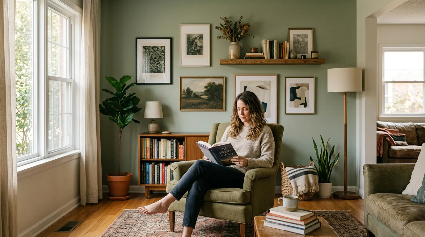 Well-lit living space with a reader in an armchair and layered but restrained decor