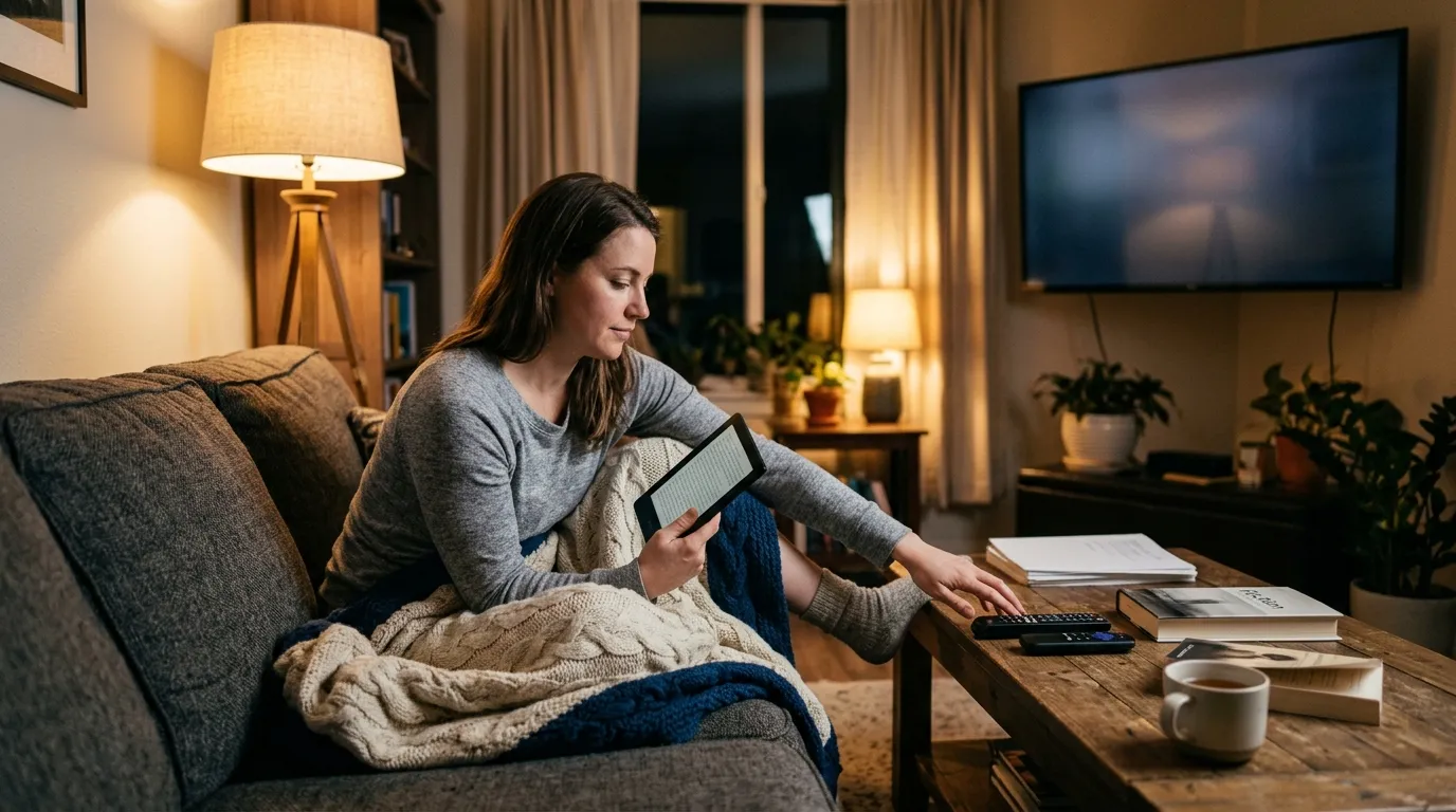Person choosing what to watch or read on a comfortable couch with a blanket
