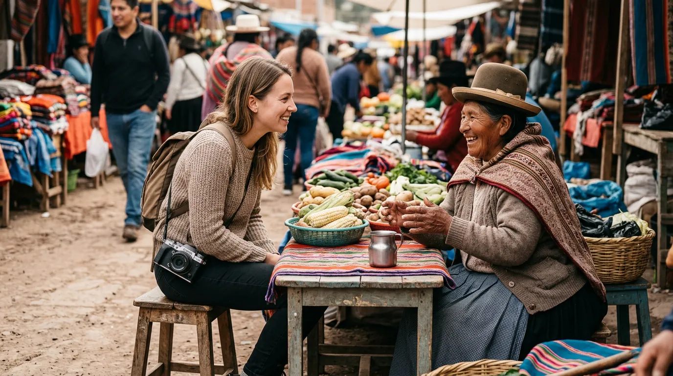 Traveler in easy conversation with a local person at a market or café