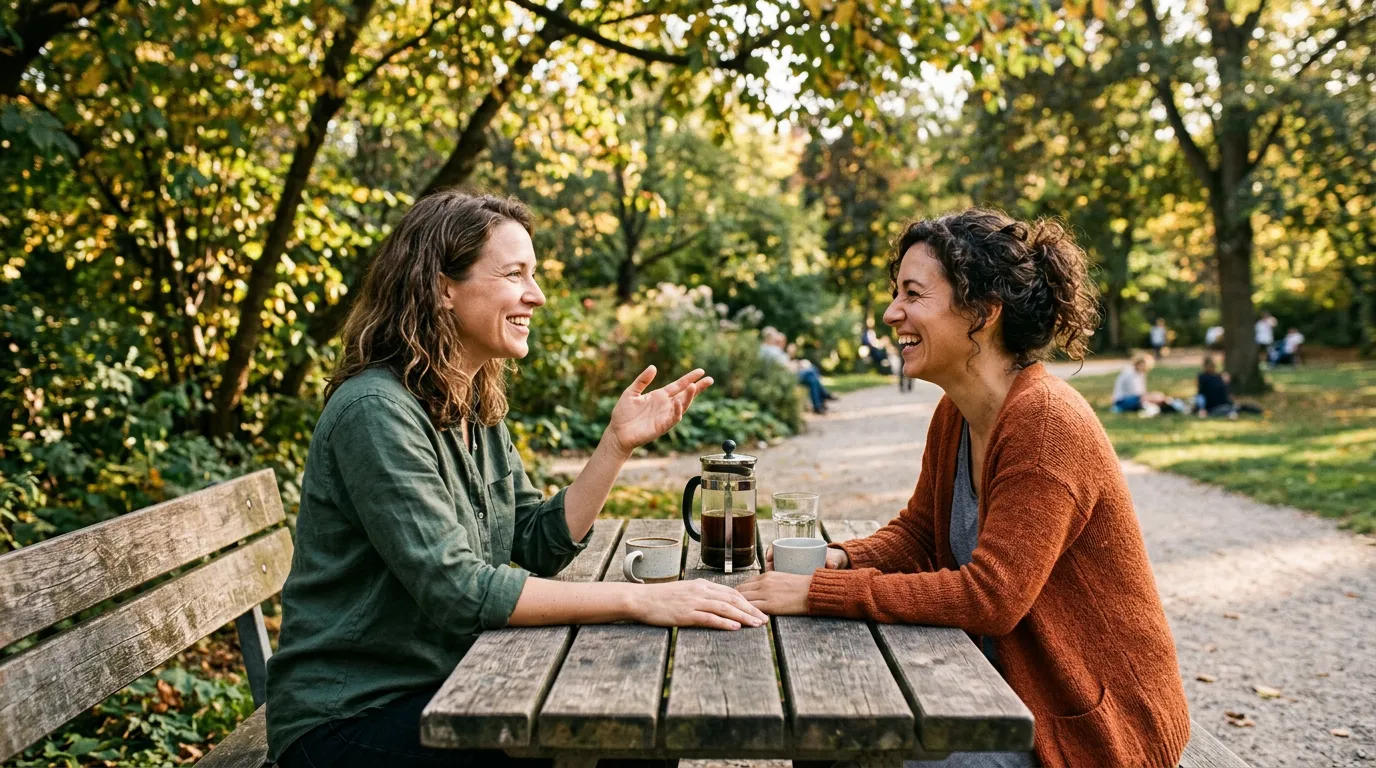 Two people in easy unhurried conversation at an outdoor park bench in afternoon light
