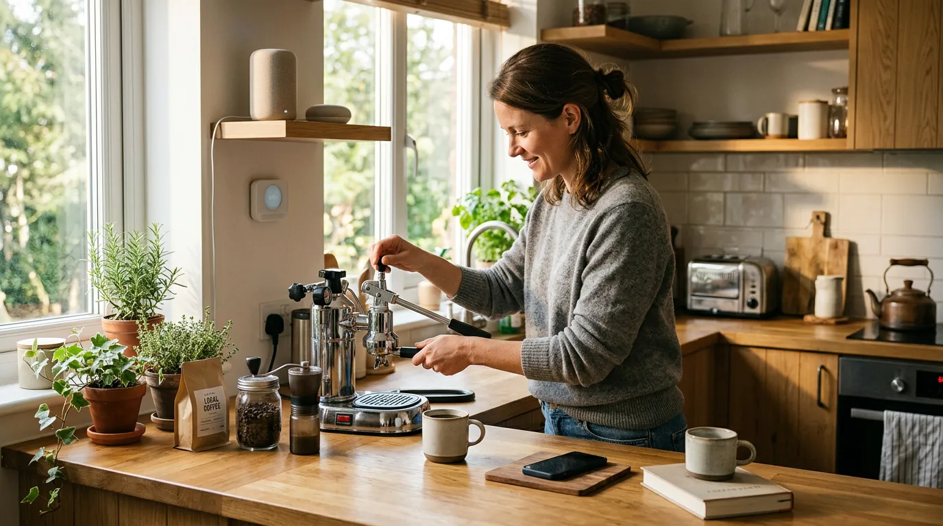 Kitchen with a simple physical appliance in use while the phone is set aside