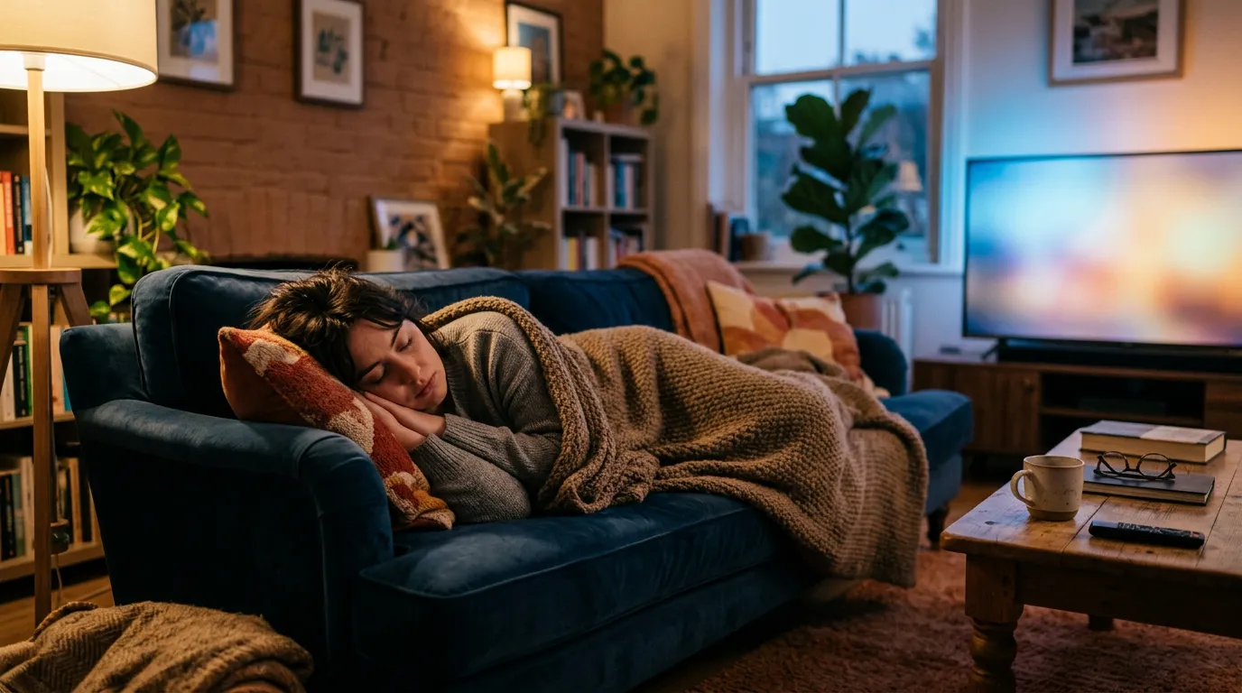 Living room with a person fully relaxed on the sofa in warm evening light