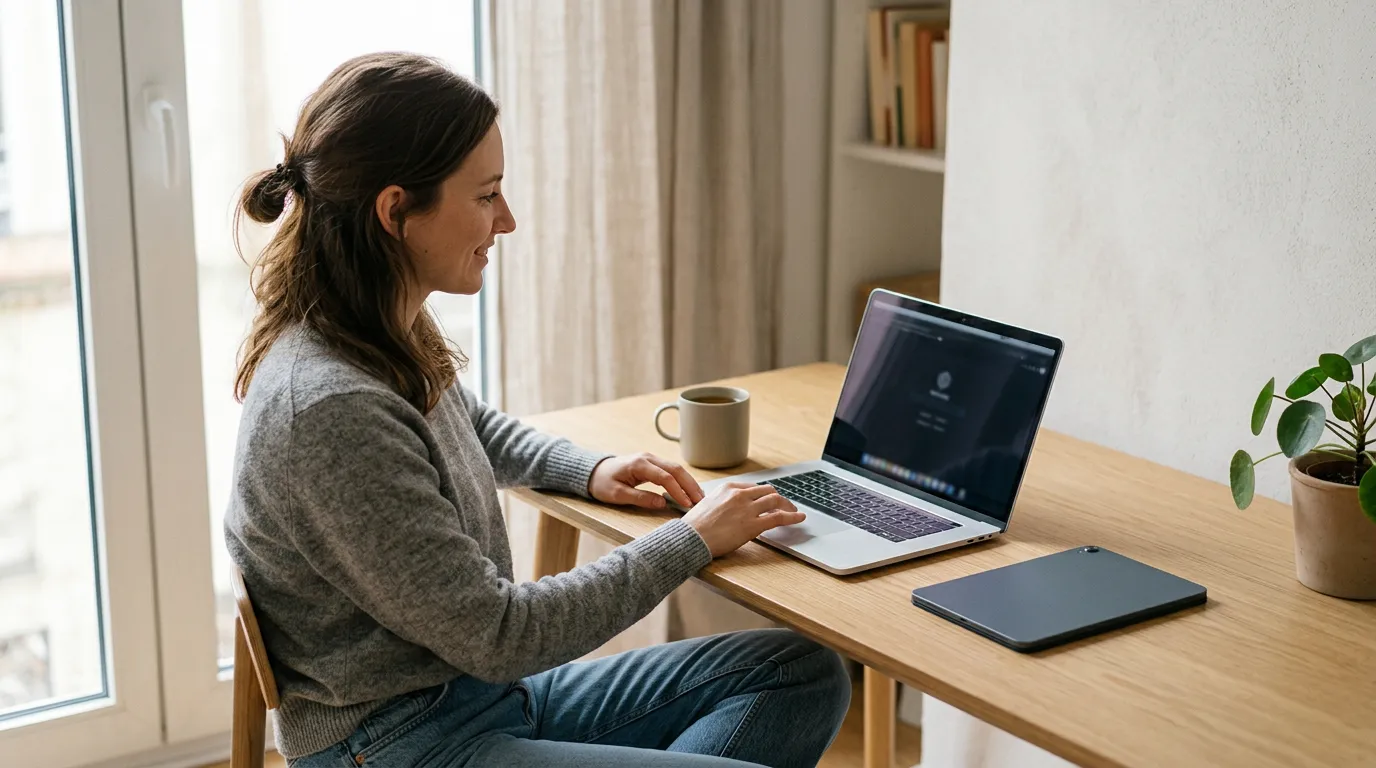 Minimal home workspace with a laptop and a single unobtrusive smart device
