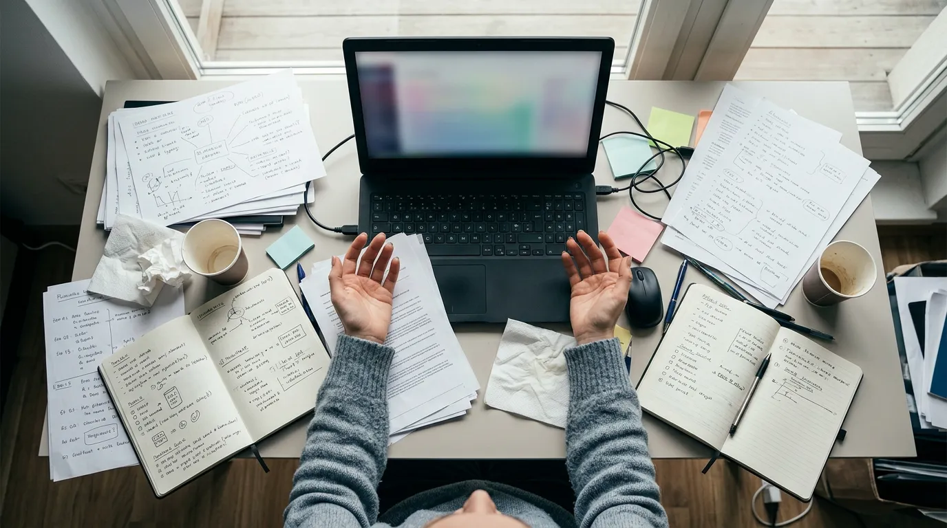 Desk with open laptop, scattered notes, and a person's hands resting still