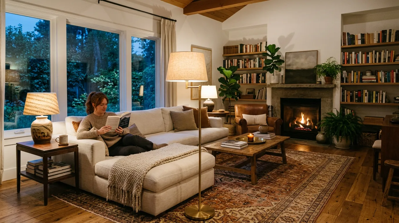 Wide living room with layered lighting from floor and table lamps and a person reading on the sofa