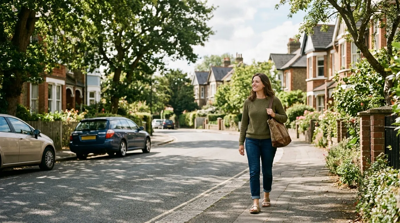 Person walking slowly through a neighborhood street with no urgency