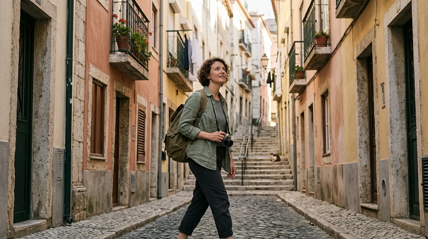 Traveler discovering a quiet local area on foot, turning a corner onto an authentic street